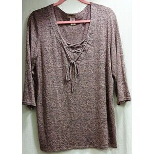 Ultra Teeze Women's Plus Top Size 2X 3/4 Sleeves Heather Pink Lace Up V-Neck EUC